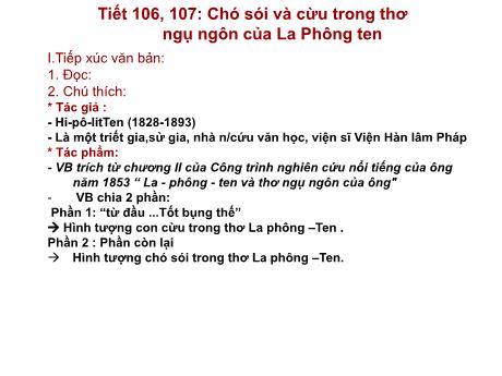 Bài giảng Ngữ Văn 9 - Tiết 106+107: Chó sói và cừu trong thơ ngụ ngôn của La Phông Ten