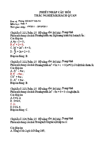 Bộ Câu hỏi Trắc nghiệm Khách quan môn Toán 9 (Câu hỏi số 221-300) (Có đáp án)