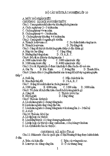 Bộ Câu hỏi Trắc nghiệm Lịch Sử Lớp 10