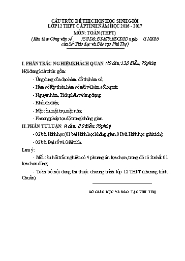 Cấu trúc đề thi HSG Các môn Lớp 12 THPT Cấp Tỉnh năm học 2016-2017