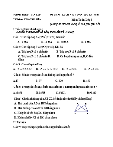 Đề Kiểm tra Giữa Học kì I môn Toán 6 năm học 2021-2022 Trường THCS Văn Tiến (Kèm hướng dẫn chấm)