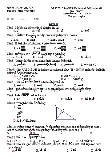 Đề Kiểm tra Giữa kì I môn Toán 9 năm học 2021-2022 Trường THCS Văn Tiến (Kèm đáp án)