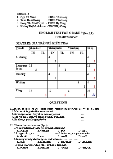 Đề Kiểm tra môn Tiếng Anh 9 (Có đáp án)