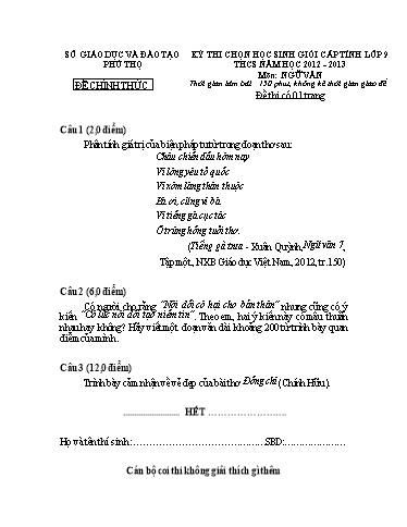 Đề thi Kỳ thi chọn HSG Cấp Tỉnh THCS môn Ngữ Văn 9 năm học 2012-2013 (Kèm hướng dẫn chấm)