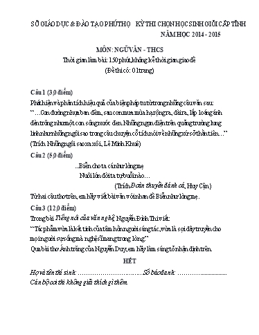 Đề thi Kỳ thi chọn HSG THCS Cấp Tỉnh môn Ngữ Văn năm 2014-2015 (Kèm hướng dẫn chấm)