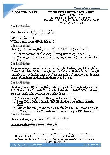 Đề thi Kỳ thi tuyển sinh vào 10 THPT môn Toán năm học 2021-2022 - Sở GD&ĐT Hà Giang (Có đáp án)