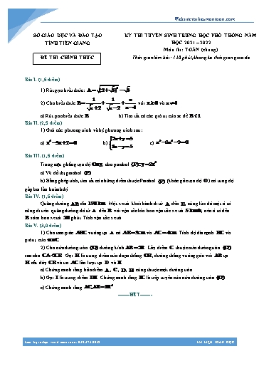 Đề thi Kỳ thi tuyển sinh vào 10 THPT môn Toán năm học 2021-2022 - Sở GD&ĐT Tiền Giang (Có đáp án)