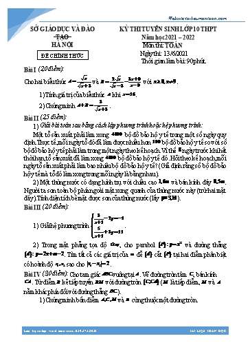 Đề thi Kỳ thi tuyển sinh vào 10 THPT môn Toán năm học 2021-2022 - Sở GD&ĐT Hà Nội (Có đáp án)