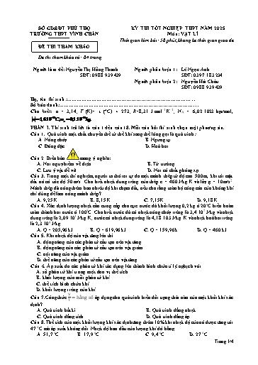 Đề thi tham khảo Kỳ thi TN THPT môn Vật Lí năm học 2024-2025 - Nguyễn Thị Hồng Thanh (Có đáp án)