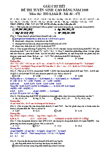 Đề thi Tuyển sinh Đại học Môn Hóa Học (Khối B) năm 2009 - Mã đề 472 (Có đáp án)