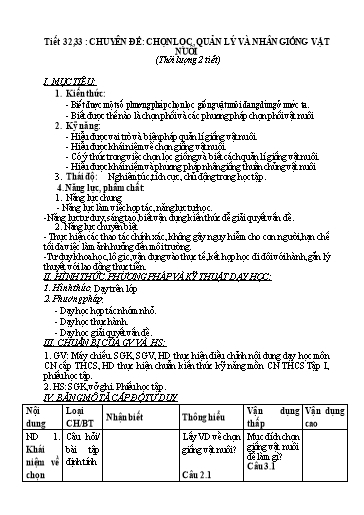 Kế hoạch bài dạy Công Nghệ 7 - Tiết 32+33, Chuyên đề: Chọn lọc, quản lý và nhân giống vật nuôi