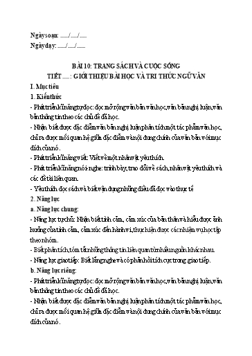 Kế hoạch bài dạy Ngữ Văn 7 - Bài 10: Trang sách và cuộc sống - Giới thiệu bài học và tri thức ngữ văn