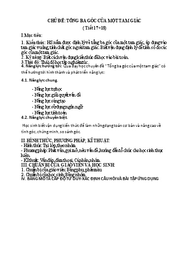 Kế hoạch bài dạy Toán 7 - Tiết 17+18, Chủ đề: Tổng ba góc của một tam giác