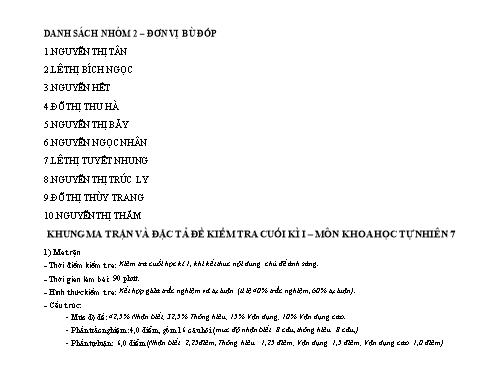 Ma trận + Đặc tả + Đề Kiểm tra Cuối học kì I môn KHTN 7 - Nhóm 2 - Đơn vị Bù Đốp