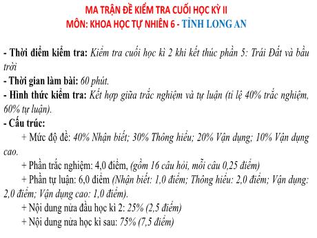 Ma trận + Đặc tả + Đề Kiểm tra Cuối học kì II môn KHTN 6 năm học 2021-2022 - Long An