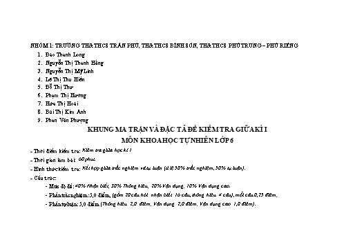 Ma trận + Đặc tả + Đề Kiểm tra Giữa học kì I môn KHTN 6