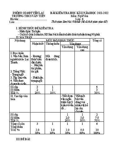 Ma trận + Đề Kiểm tra Học kì II môn Ngữ Văn 6 năm học 2021-2022 Trường THCS Văn Tiến (Kèm đáp án)