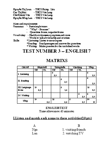 Ma trận và Đề Kiểm tra môn Tiếng Anh 7 - Test 3 (Có đáp án)