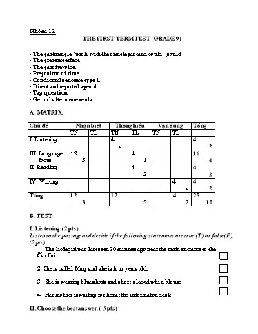 Ma trận và Đề Kiểm tra môn Tiếng Anh 9 - The first Term Test (Có đáp án)