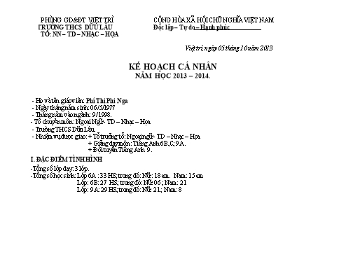 Mẫu Kế hoạch cá nhân Năm học 2013-2014