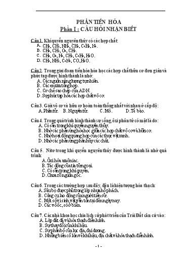 Ngân hàng Câu hỏi Trắc nghiệm Môn Sinh Học 12 - Tiến Hóa