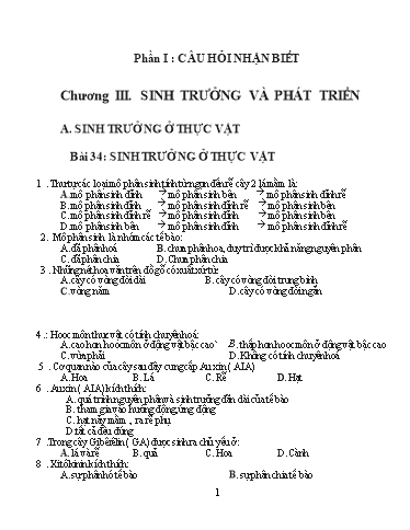 Ngân hàng Câu hỏi Trắc nghiệm Môn Sinh Học Lớp 11