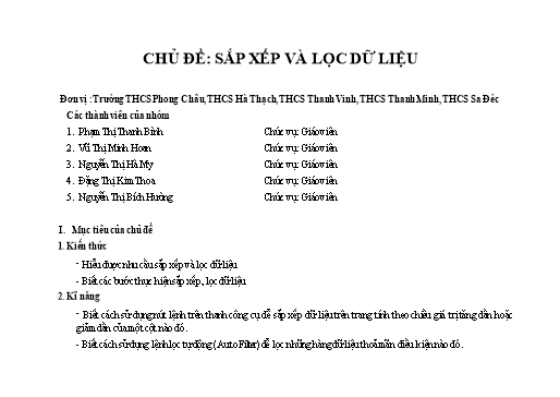 Nội dung bài học Tin Học 7 - Chủ đề: Sắp xếp và lọc dữ liệu