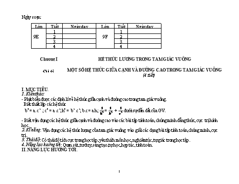Nội dung bài học Toán 9 - Chủ đề: Một số hệ thức giữa cạnh và đường cao trong tam giác vuông